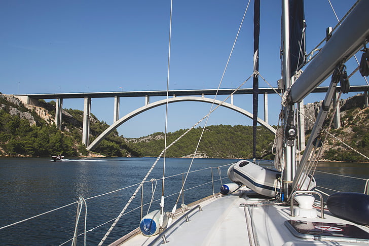bridge, boat, sailing, sailboat, croatia, sea, river