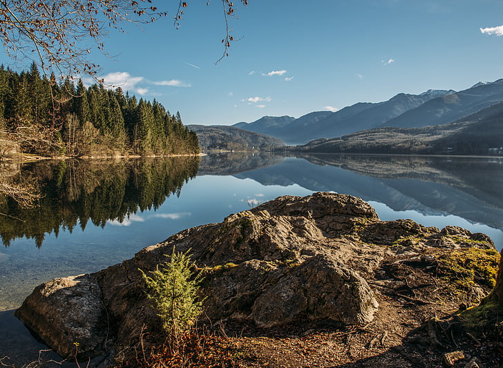 lake, landscape, mountains, nature, reflections, mountain, forest