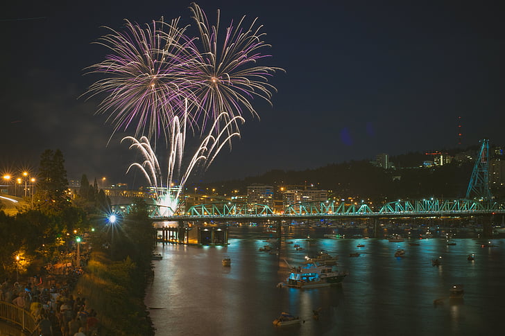 architecture, bridge, celebration, city, cityscape, festival, fireworks