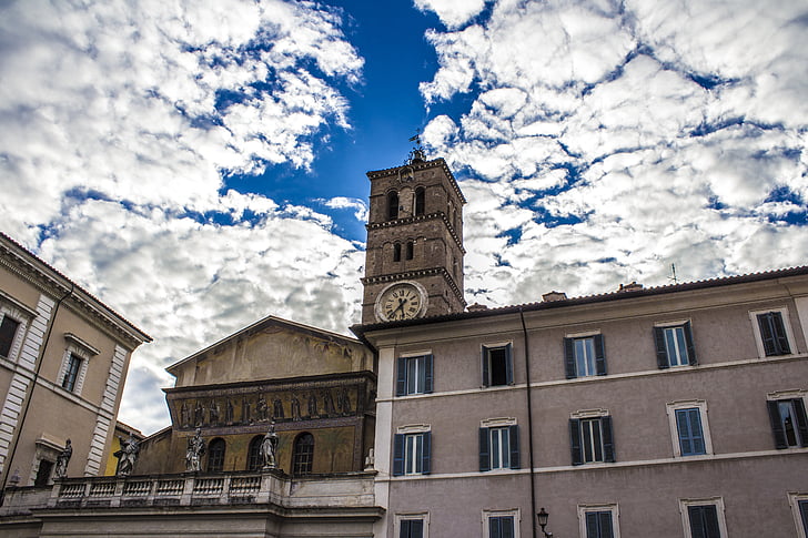 небо, облака, Башня, здания, Рим, Церковь, Архитектура