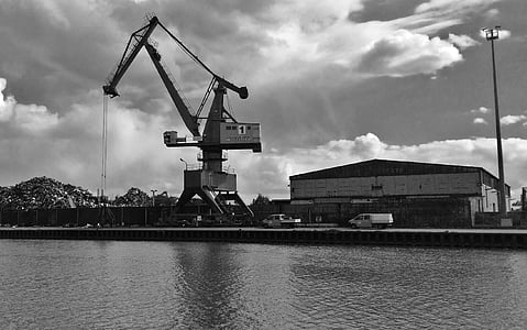 industry, industrial area, scrap, crane, river