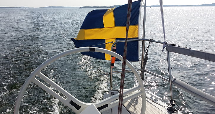 flag, sweden, boat, swedish flag, water, sea, steering wheel