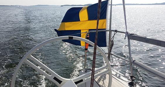 フラグ, スウェーデン, ボート, スウェーデンの国旗, 水, 海, ステアリング ホイール