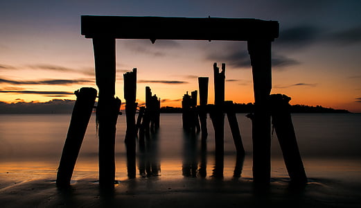 foto, gebroken, houten, Pier, zonsondergang, reflectie, hemel
