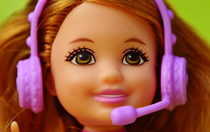 nen, música, Barbie, cantar, auriculars, micròfon, noia