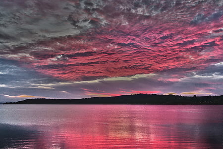 solnedgang, Lake, refleksjon, kveld, daggry, skumring, skyer