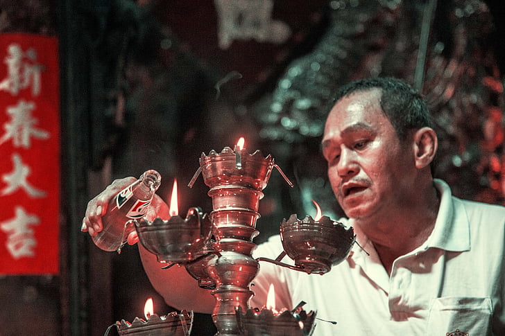 мъж, свещ, Виетнам, религия, ритуал
