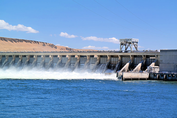 dam, river, water, landscape, power, hydroelectric, green