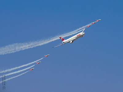 passenger aircraft, fighter jet, flugshow, swiss airline, patrol suisse