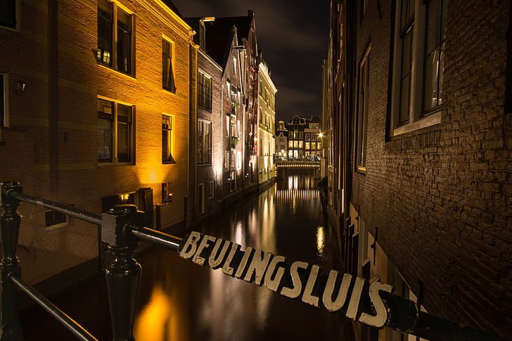 Amszterdam, csatorna, éjszaka, Hollandia, Európa, utazás, víz
