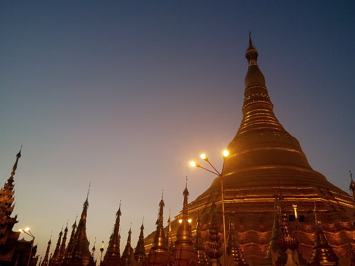 Pagoda de, Shwedagon, Birmania, puesta de sol, budismo, edificio