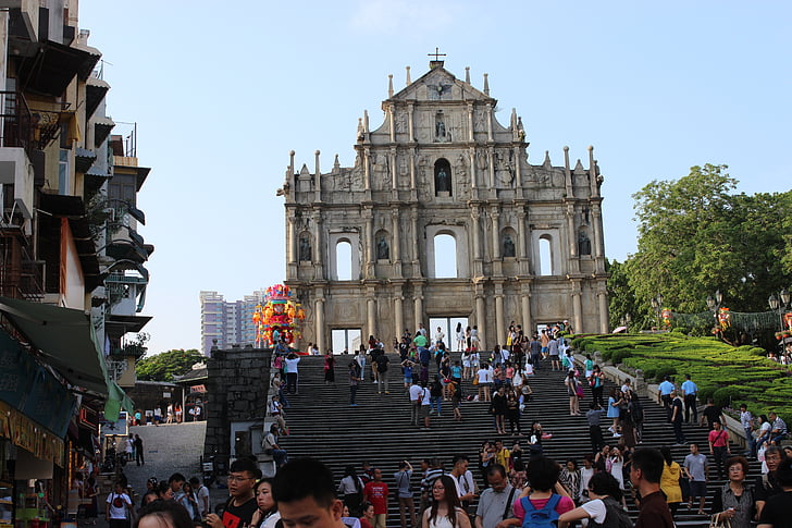 Macao, ruines de st paul, bâtiment, la foule