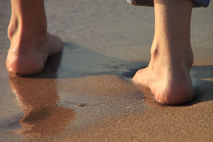 Barefoot, stranden, jente, Ben, sand, sjøen, soloppgang