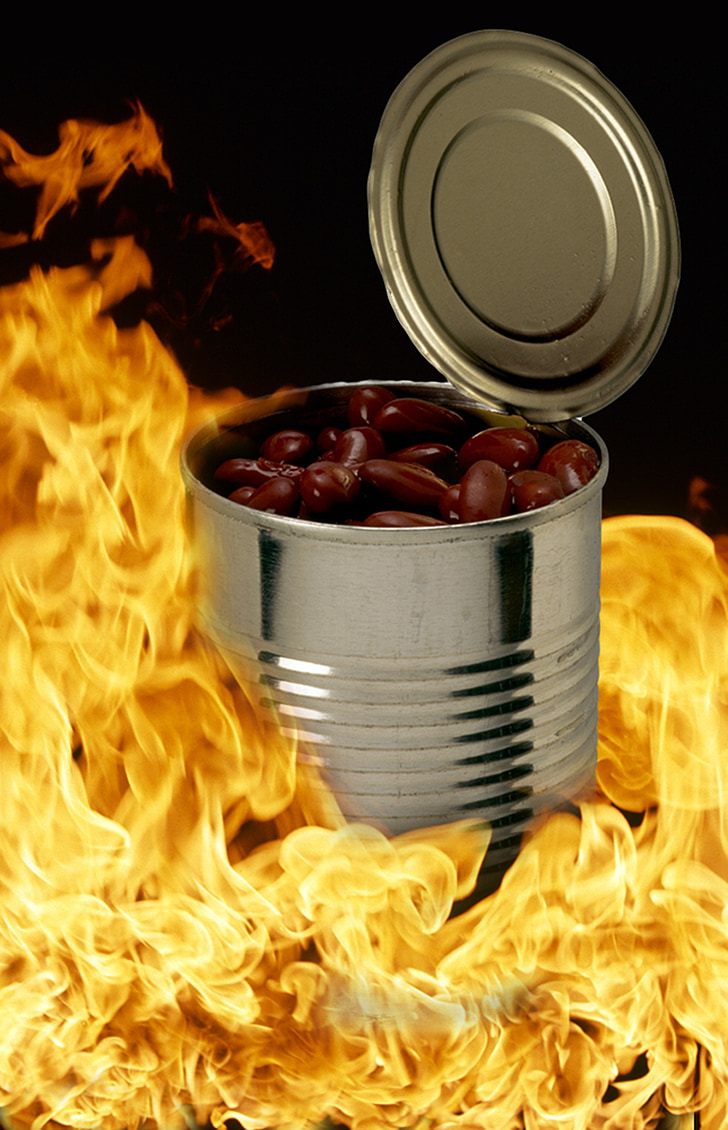 metal, can, red beans, raging, fire, flames, hot