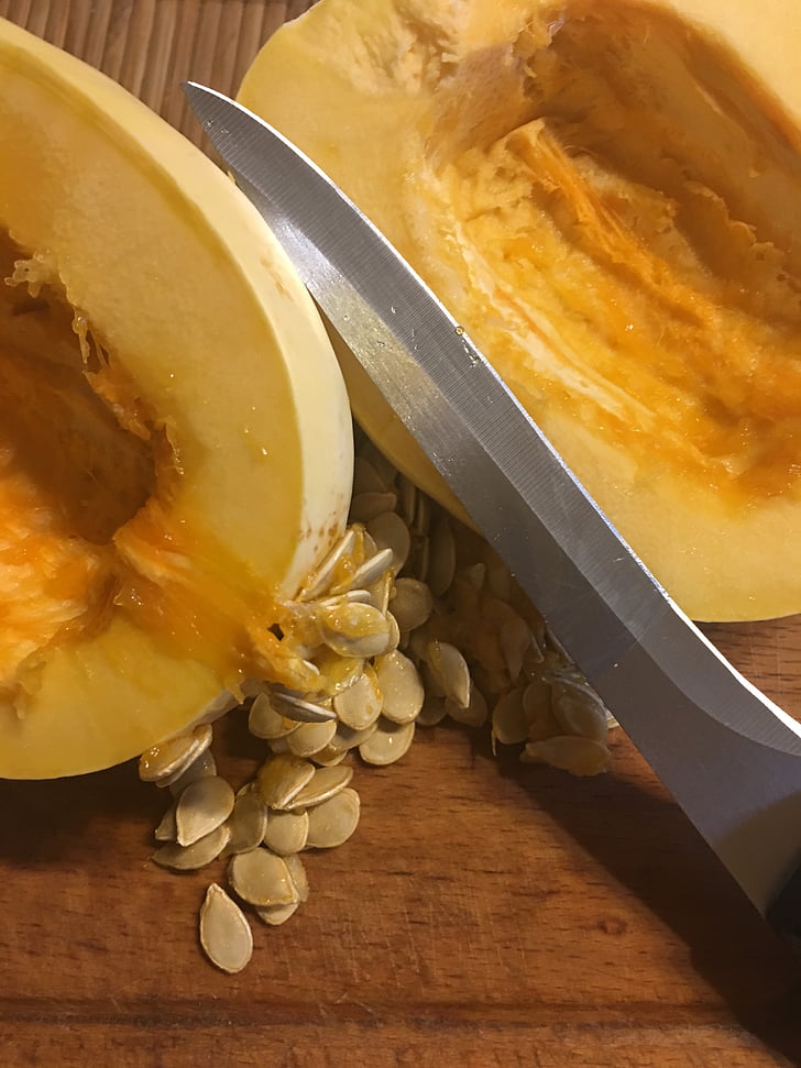 pumpkin, pips, a vegetable, seeds, half, inside, knife