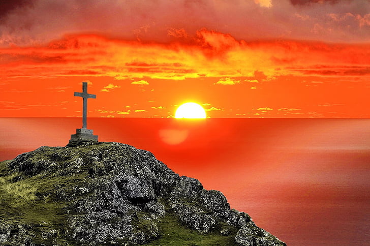 cross, believe, religion, spiritual, sunset, sea, orange