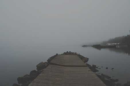 gray, wooden, dock, near, body, water, foggy