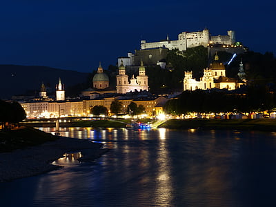 Salzburg, fotografía de noche, Salzach, Río, iluminación, noche, oscuro