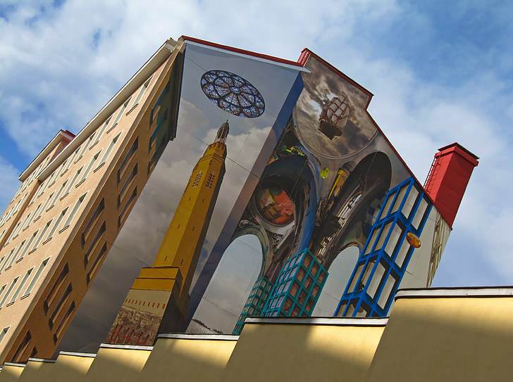 pittura murale, Casa multistory, arte, illusione, Kotka, grande, camino rosso