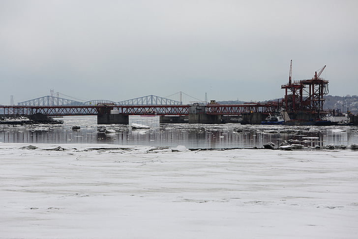 rdeča, jekla, most, sneg, dan, industrijske, reka