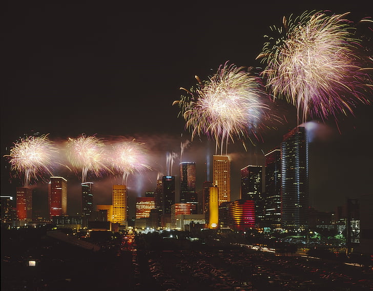 fuochi d'artificio, celebrazione, notte, città, Houston, Texas, urbano