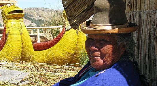 Peru, titcacasee, Uros, yüzen ada, kadın, Peru, şapka