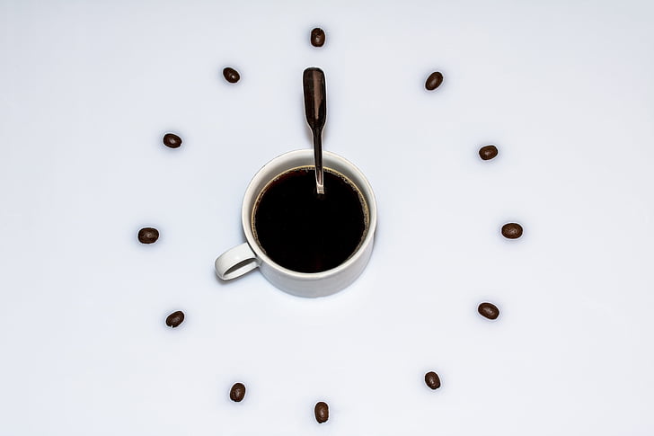 coffee cup, cup of coffee, coffee beans, coffee spoon, time of, clock, break