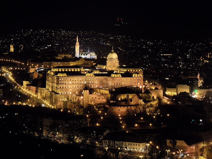 Budapešť, mesto v noci, hrad, noc, svetlo, Panoráma mesta, Architektúra