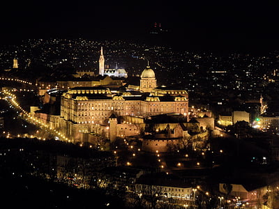 Budapest, ville de nuit, Château, nuit, lumière, paysage urbain, architecture