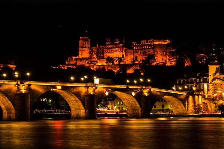 slott, Heidelberg, belysning, byggnad, natt, fästning, fyrverkerier