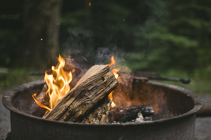 black, metal, fire, pit, wood, log, bonfire