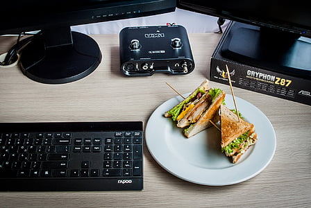 sandwiches, computer, keyboard, it, equipment, writing, work desk
