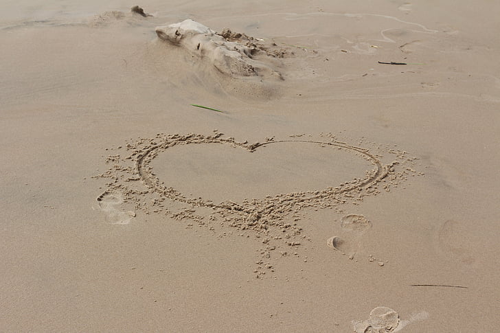 coração, amor, romântico, forma, ícone de, praia, símbolo