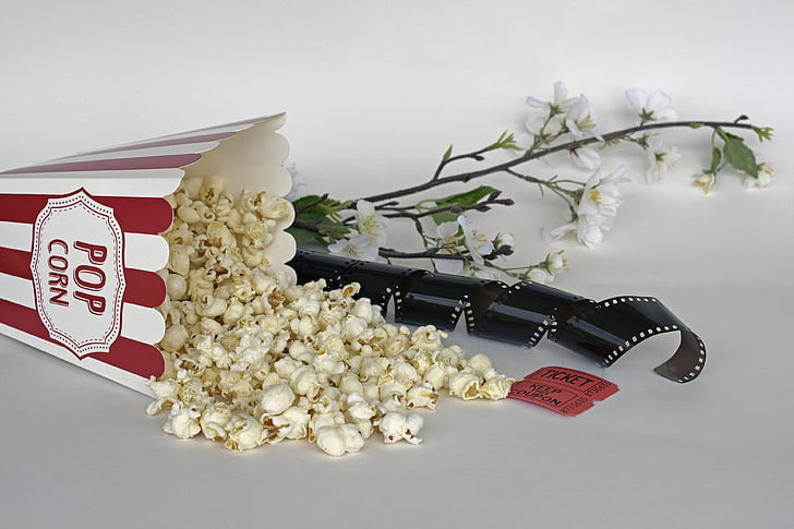 popcorn, cinema, ticket, film, entertainment, food, corn