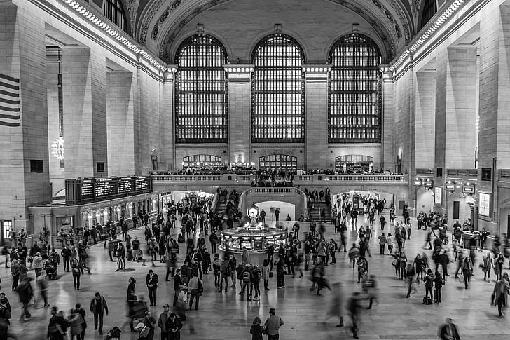 NYC, Manhatten, Černobílý tisk, lidé, Hlavní nádraží Grand central station, černá a bílá, Architektura