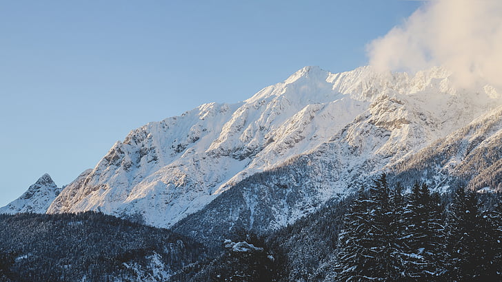 neu, recoberts amb, muntanya, diürna, l'hivern, temperatura freda, natura