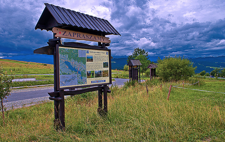 information board, storm clouds, clouds, tatry, podhale, way