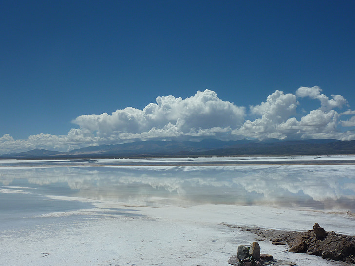 argentina, salt flats, clouds, nature, mirroring, sky, blue
