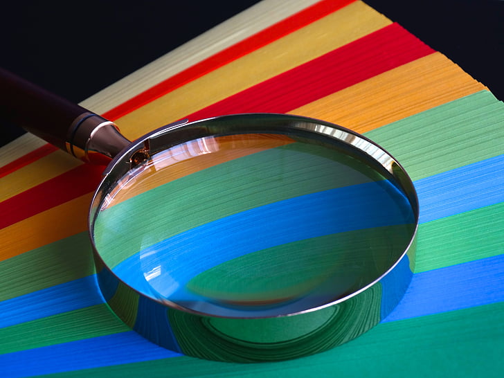 magnifying glass, quality, paper, paper stack, colored paper, color, colorful