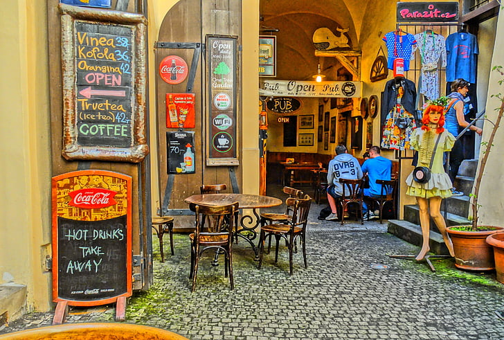 prague, cafe, downtown, shop, restaurant