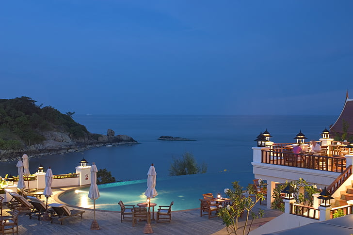 Hotel, piscina, mar, Crepúsculo, água, azul, Relaxe