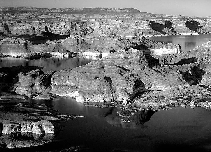 black-and-white, canyon, landscape, monochrome, mountain, outdoors, reflection