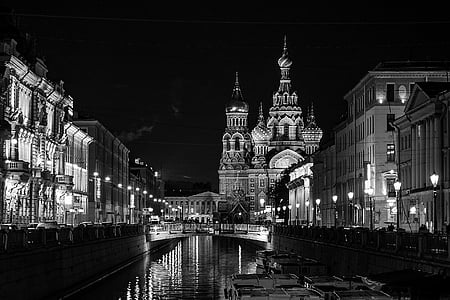 black-and-white, boats, buildings, canal, city, lights, river