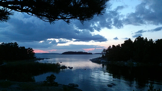 Estocolmo, Arquipélago, pôr do sol, azul, azul marinho, céu, noite