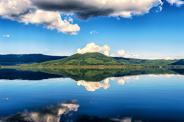tó, hegyi, tükrözés, Olaszország, Lago de vico, kék, felhők