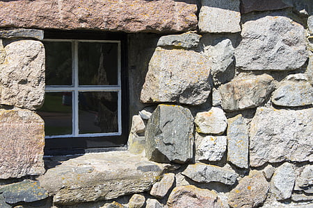 batu, dinding, jendela, kasar, batu, konstruksi, dinding batu