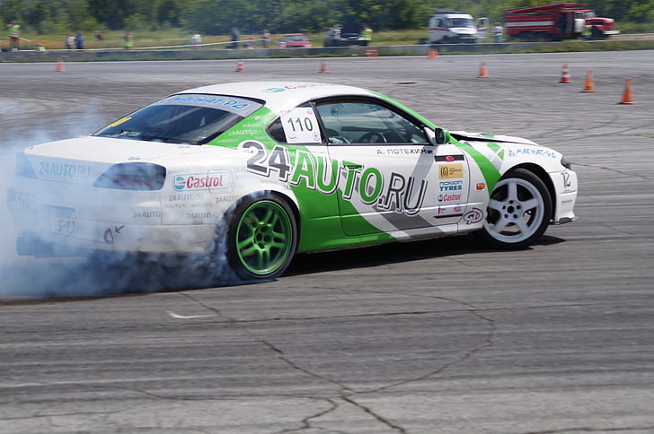nissan silvia, drift competition, smoke from under the wheels