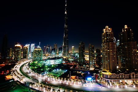 fotografija, mesto, nočna, stavbe, emirati, arabski, emirat