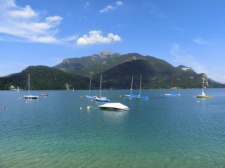 mondsee, water, mountains, nice weather, boats, quiet, blue