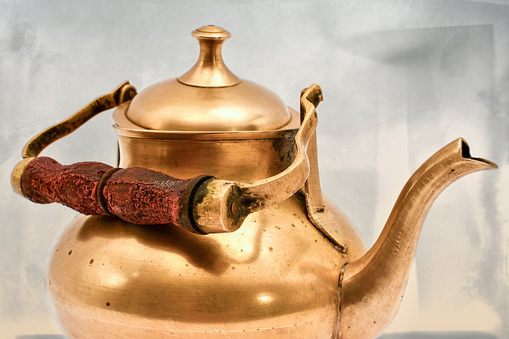 กาน้ำชา, ทองเหลือง, หม้อ, ไม้, ทีออฟ, บนโต๊ะอาหาร, จิบชา